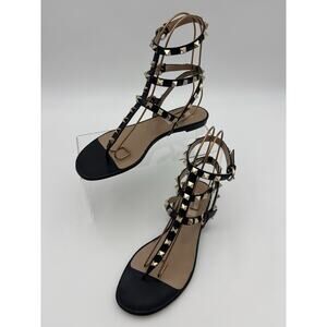 Valentino Rockstud Caged Thong Sandal Black Leather Studded Size 37.5 Gladiator